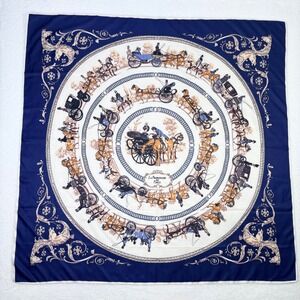 La Promenade de Paris Silk Scarf Blue Horse Carriage Motif Square Foulard 39x39